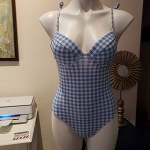 NWOT Gingham blue and white one piece bathing suit